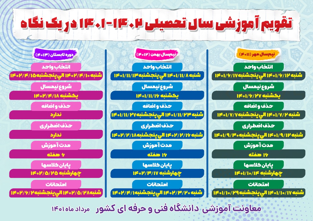 تقویم آموزشی سال تحصیلی 1402 - 1401